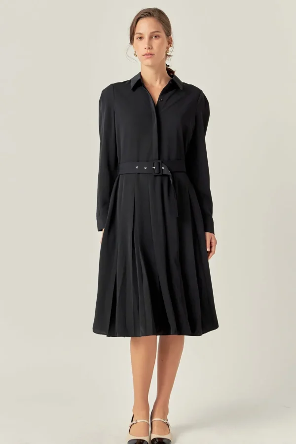 ENGLISH FACTORY Tops*- Pleated Collared Long Sleeve Midi Dress
