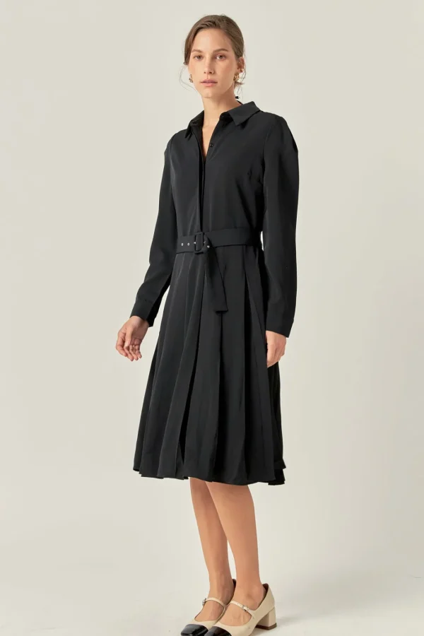 ENGLISH FACTORY Tops*- Pleated Collared Long Sleeve Midi Dress