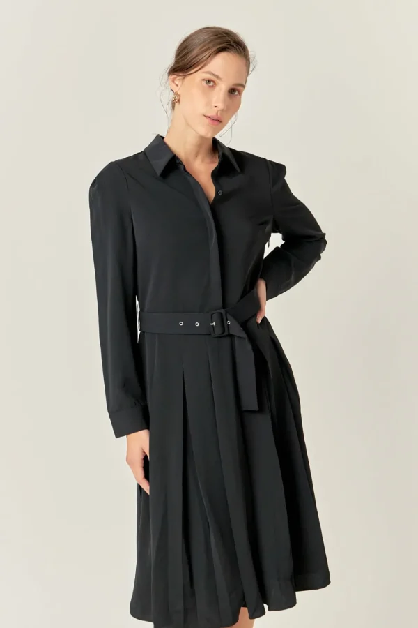 ENGLISH FACTORY Tops*- Pleated Collared Long Sleeve Midi Dress