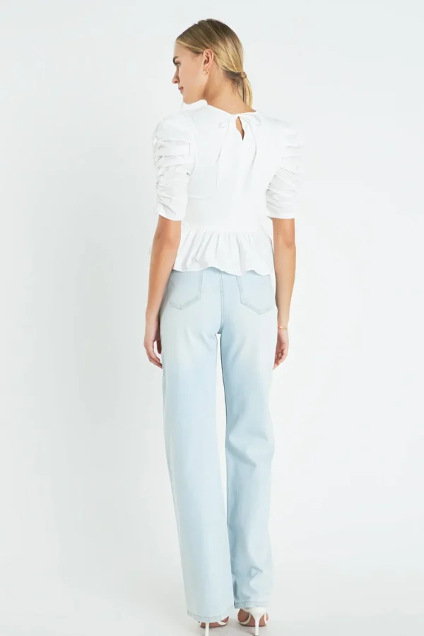 ENGLISH FACTORY Tops*- Pleated Puff Sleeve Top in WHITE
