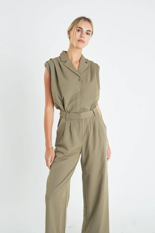 ENGLISH FACTORY Tops | One Pieces*- Pleated Sleeveless Jumpsuit KHAKI