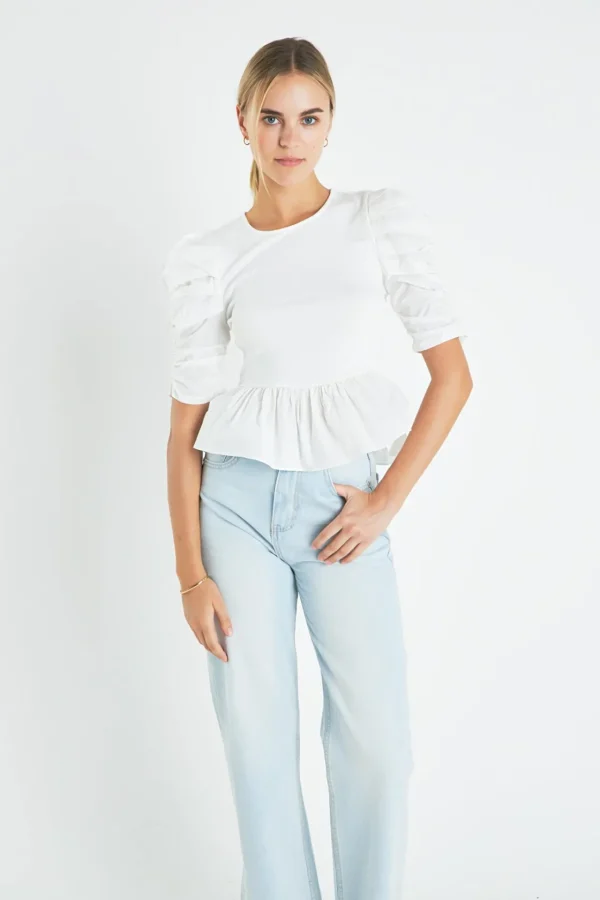 ENGLISH FACTORY Tops*- Pleated Puff Sleeve Top in WHITE
