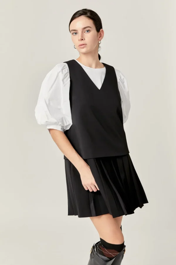 ENGLISH FACTORY Tops*- Pleated Sleeveless Mini Dress BLACK