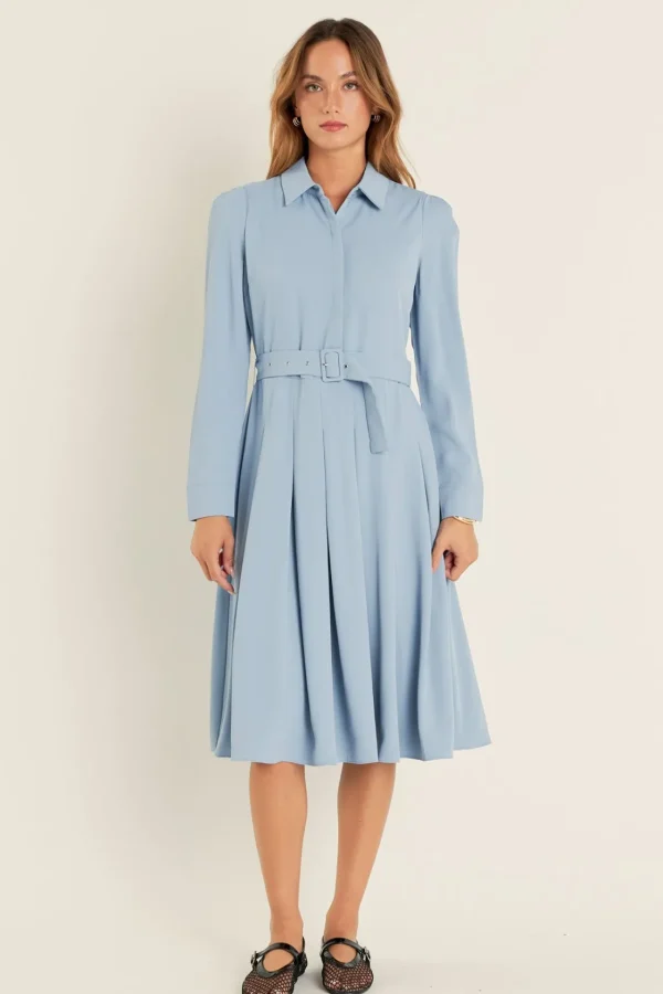 ENGLISH FACTORY Tops*- Pleated Collared Long Sleeve Midi Dress