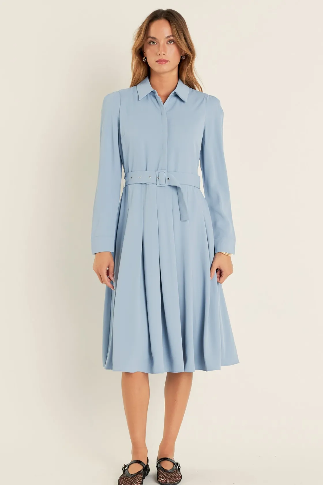english_factory__pleated__4.webp ENGLISH FACTORY Tops*- Pleated Collared Long Sleeve Midi Dress