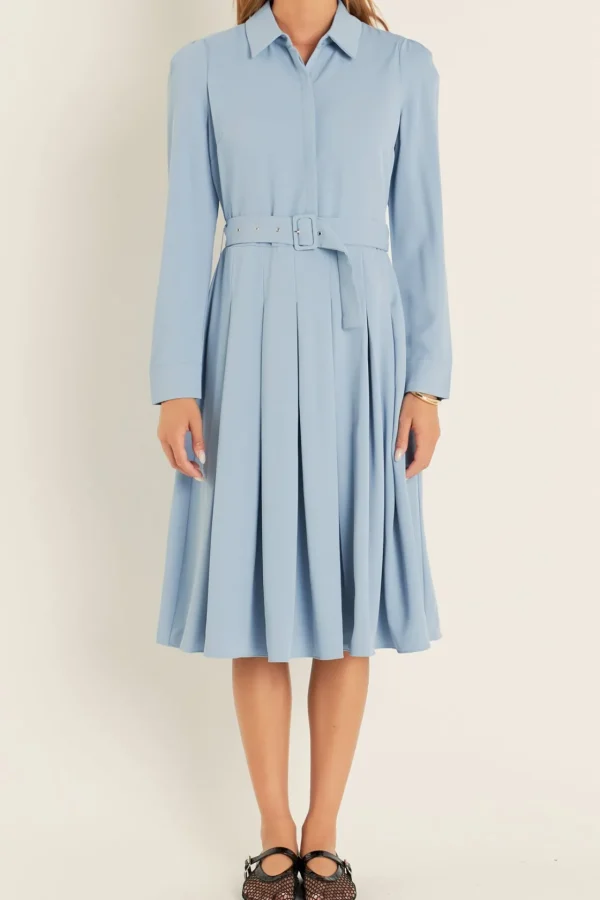 ENGLISH FACTORY Tops*- Pleated Collared Long Sleeve Midi Dress