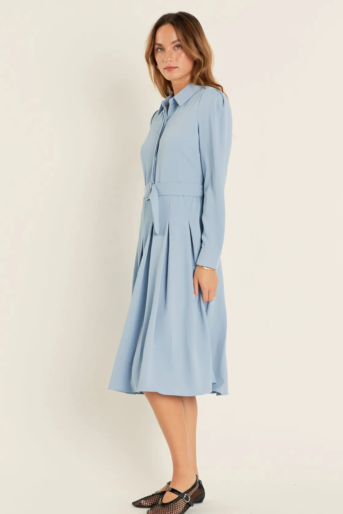 english_factory__pleated__6.webp ENGLISH FACTORY Tops*- Pleated Collared Long Sleeve Midi Dress