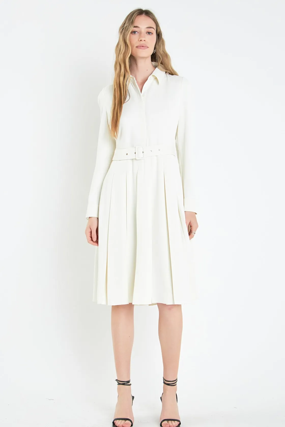 english_factory__pleated__9.webp ENGLISH FACTORY Tops*- Pleated Collared Long Sleeve Midi Dress