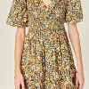 ENGLISH FACTORY Tops*- Plunge V Smocked Cotton Floral Mini Dress BLACK