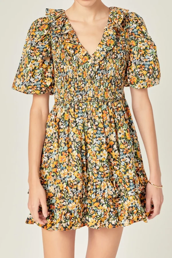 ENGLISH FACTORY Tops*- Plunge V Smocked Cotton Floral Mini Dress BLACK
