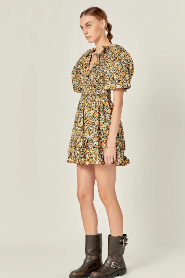 ENGLISH FACTORY Tops*- Plunge V Smocked Cotton Floral Mini Dress BLACK
