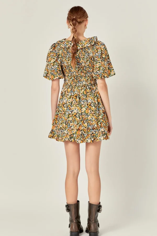 ENGLISH FACTORY Tops*- Plunge V Smocked Cotton Floral Mini Dress BLACK
