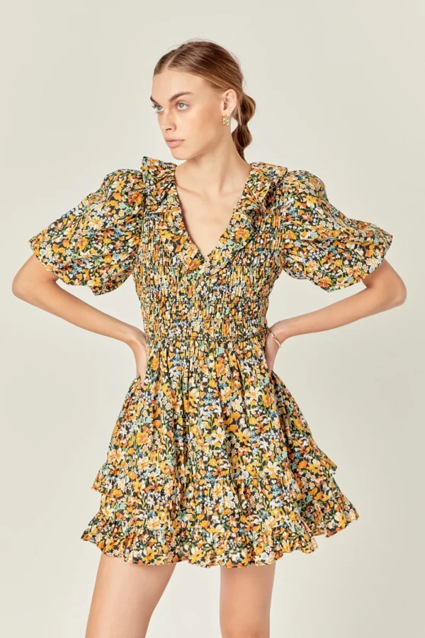 ENGLISH FACTORY Tops*- Plunge V Smocked Cotton Floral Mini Dress BLACK