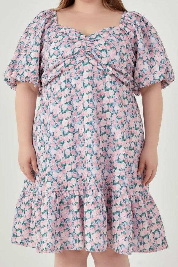 ENGLISH FACTORY Tops*- Plus Size Floral Puff Sleeve Mini Dress LILACPINK