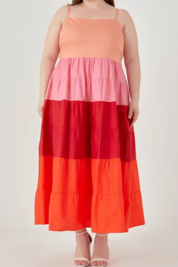 ENGLISH FACTORY Tops*- Plus Size Color Block Spaghetti Maxi PINK