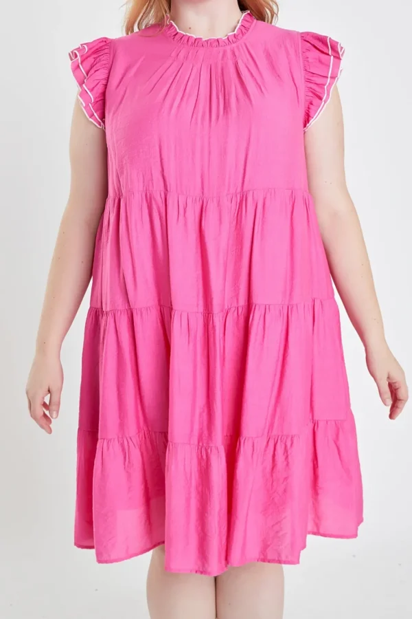 ENGLISH FACTORY Tops*- Plus Size Contrast Merrow Babydoll Dress PINK