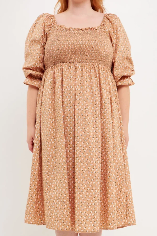 ENGLISH FACTORY Tops*- Plus Size Floral Smocked Off Shoulder Midi Dress TANMULTI