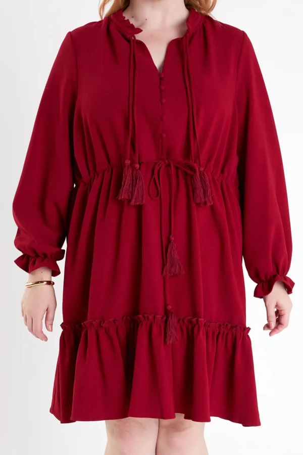 ENGLISH FACTORY Tops*- Plus Size Tassel Trim Dress With Ruffled Hem