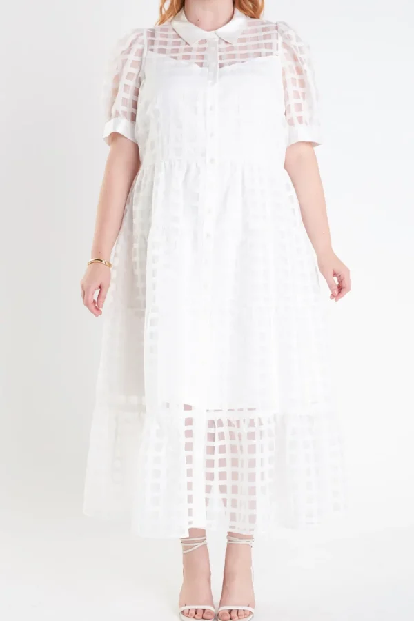 ENGLISH FACTORY Tops*- Plus Size Gridded Organza Tiered Maxi Dress