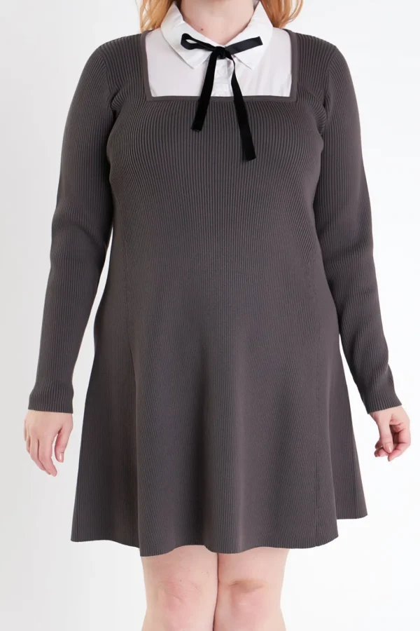 ENGLISH FACTORY Tops*- Plus Size Mixed Media Fit and Flare Sweater Dress GREY