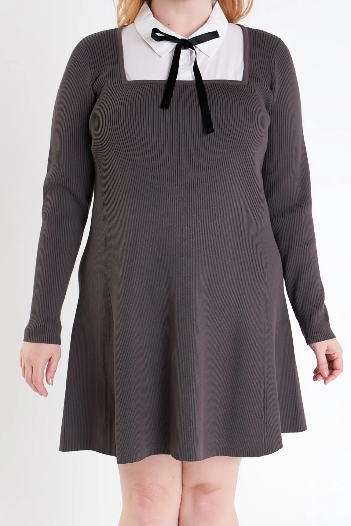 english_factory__plus_siz_0-9.webp ENGLISH FACTORY Tops*- Plus Size Mixed Media Fit and Flare Sweater Dress GREY