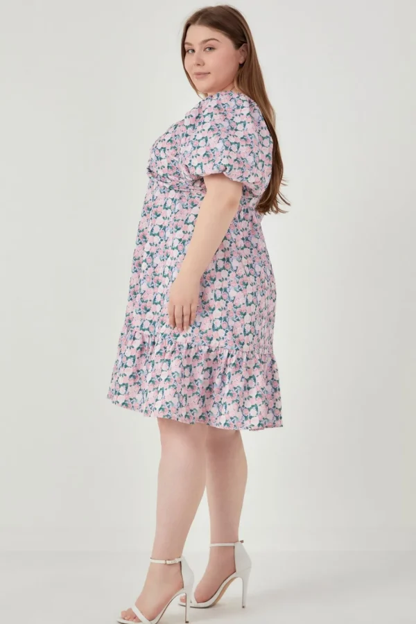 ENGLISH FACTORY Tops*- Plus Size Floral Puff Sleeve Mini Dress LILACPINK