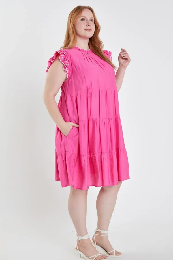 ENGLISH FACTORY Tops*- Plus Size Contrast Merrow Babydoll Dress PINK