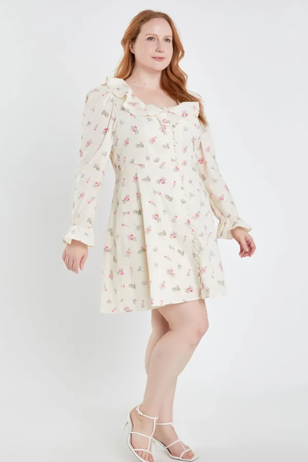 ENGLISH FACTORY Tops*- Plus Size Floral Ruffled Neck Mini Dress IVORY
