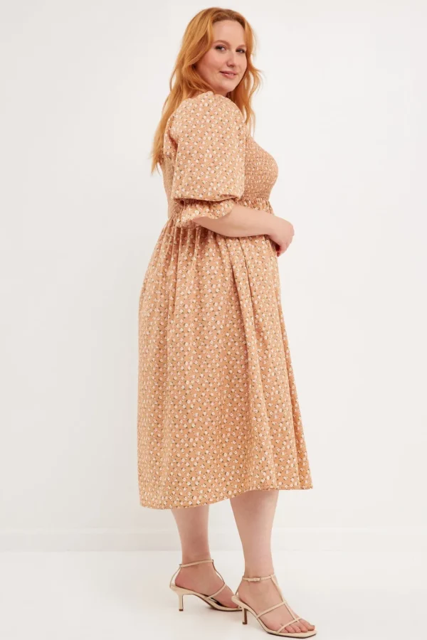 ENGLISH FACTORY Tops*- Plus Size Floral Smocked Off Shoulder Midi Dress TANMULTI