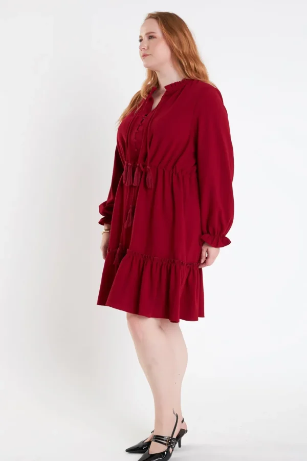 ENGLISH FACTORY Tops*- Plus Size Tassel Trim Dress With Ruffled Hem