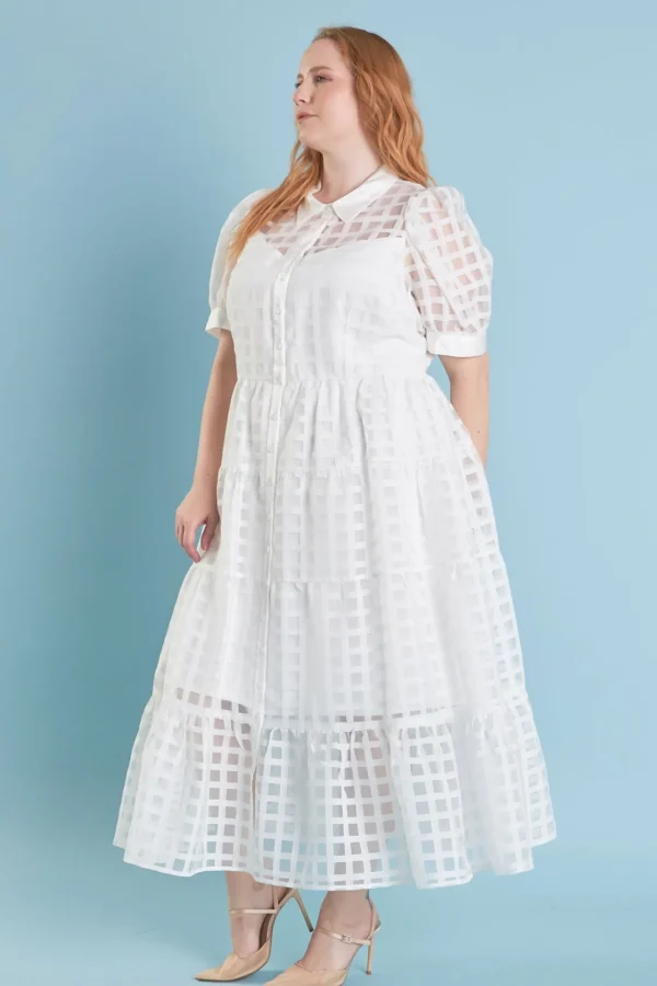 ENGLISH FACTORY Tops*- Plus Size Gridded Organza Tiered Maxi Dress