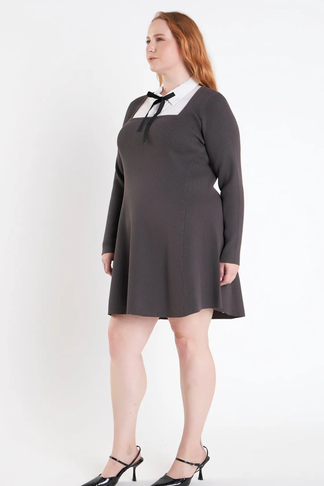 english_factory__plus_siz_1-9.webp ENGLISH FACTORY Tops*- Plus Size Mixed Media Fit and Flare Sweater Dress GREY