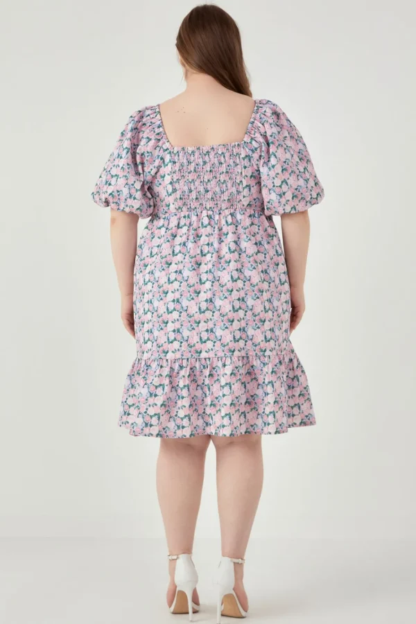 ENGLISH FACTORY Tops*- Plus Size Floral Puff Sleeve Mini Dress LILACPINK