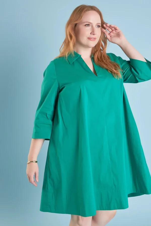ENGLISH FACTORY Tops*- Plus Size A-Line Kaftan Collar Dress GREEN