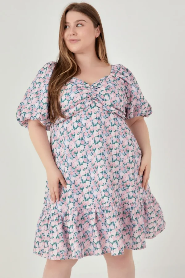 ENGLISH FACTORY Tops*- Plus Size Floral Puff Sleeve Mini Dress LILACPINK