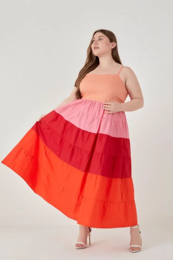 ENGLISH FACTORY Tops*- Plus Size Color Block Spaghetti Maxi PINK