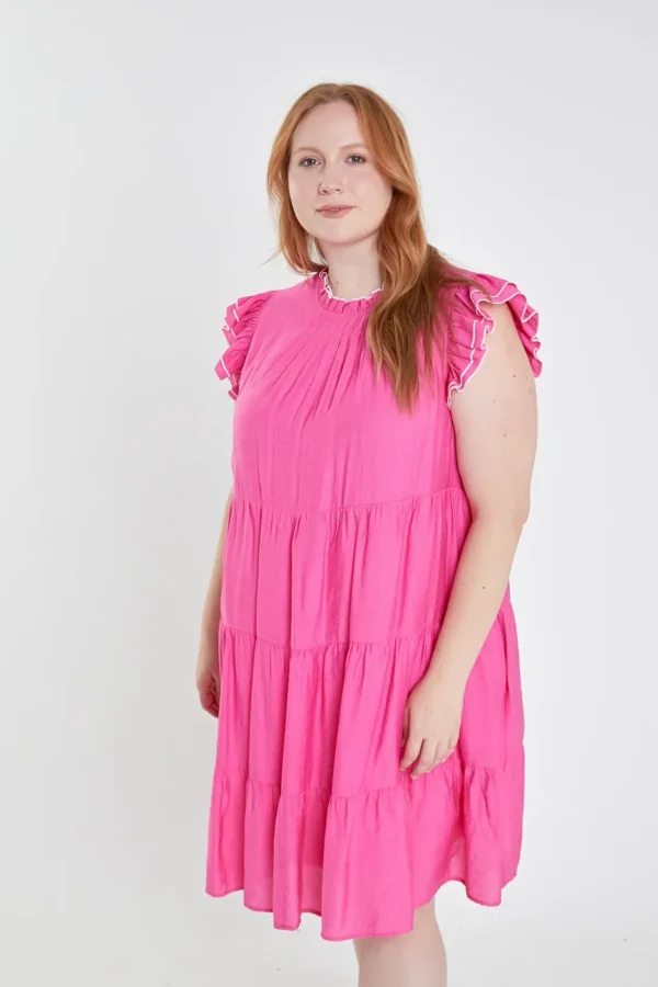 ENGLISH FACTORY Tops*- Plus Size Contrast Merrow Babydoll Dress PINK