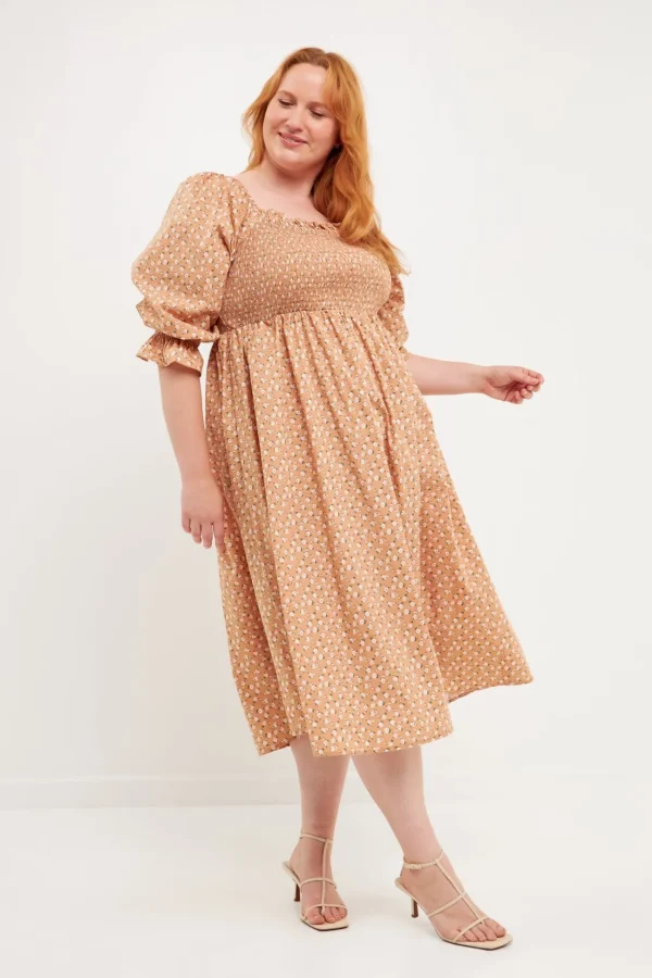 ENGLISH FACTORY Tops*- Plus Size Floral Smocked Off Shoulder Midi Dress TANMULTI
