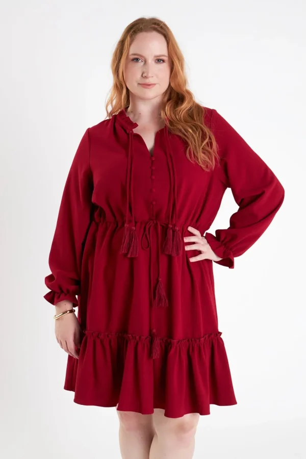 ENGLISH FACTORY Tops*- Plus Size Tassel Trim Dress With Ruffled Hem