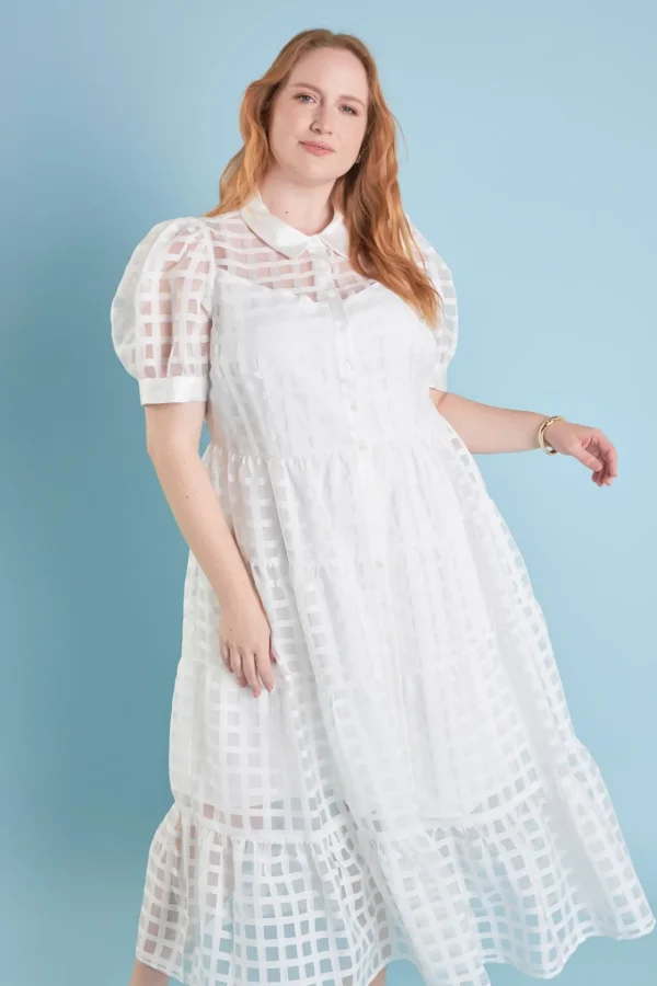 ENGLISH FACTORY Tops*- Plus Size Gridded Organza Tiered Maxi Dress