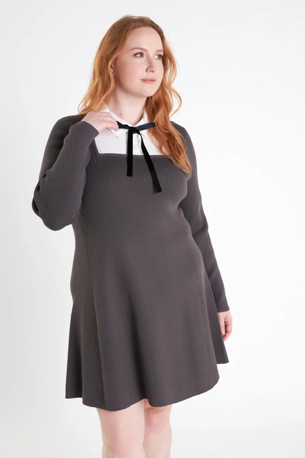 ENGLISH FACTORY Tops*- Plus Size Mixed Media Fit and Flare Sweater Dress GREY
