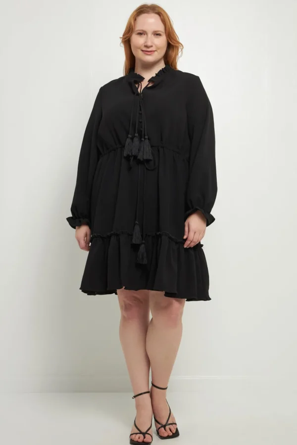 ENGLISH FACTORY Tops*- Plus Size Tassel Trim Dress With Ruffled Hem