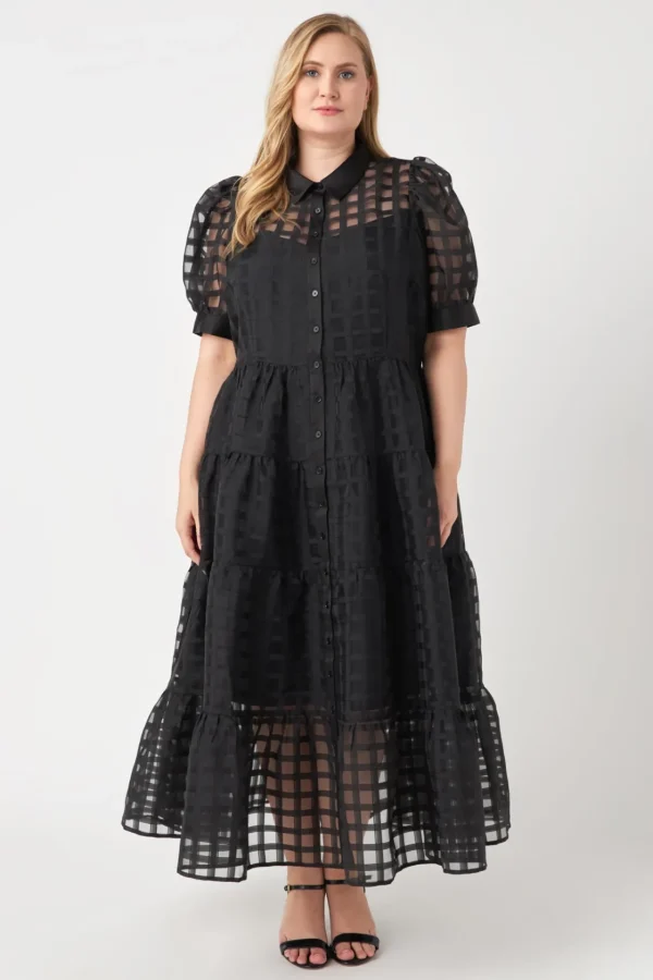 ENGLISH FACTORY Tops*- Plus Size Gridded Organza Tiered Maxi Dress