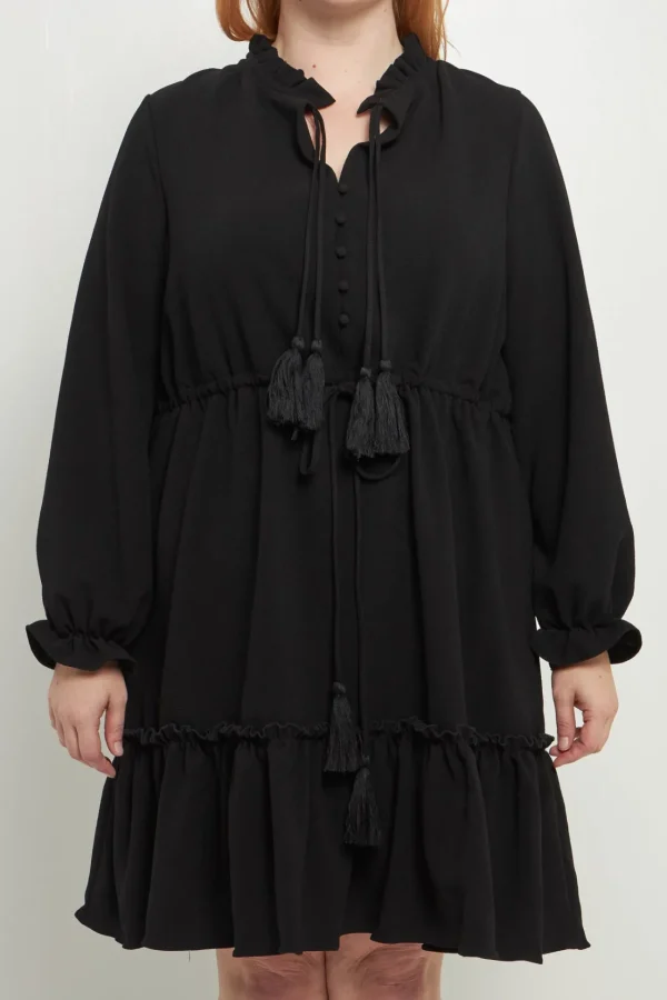 ENGLISH FACTORY Tops*- Plus Size Tassel Trim Dress With Ruffled Hem