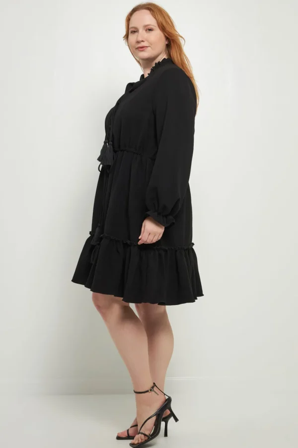 ENGLISH FACTORY Tops*- Plus Size Tassel Trim Dress With Ruffled Hem
