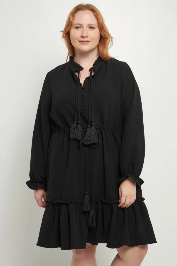 ENGLISH FACTORY Tops*- Plus Size Tassel Trim Dress With Ruffled Hem