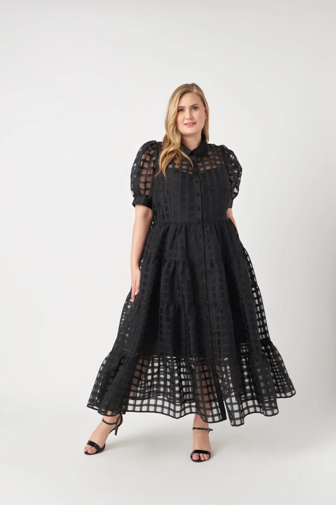 english_factory__plus_siz_8-3.webp ENGLISH FACTORY Tops*- Plus Size Gridded Organza Tiered Maxi Dress