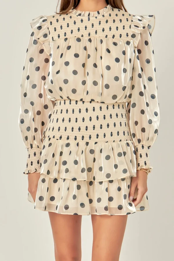 ENGLISH FACTORY Tops*- Polka Dot Mini Dress BEIGE/BLACK