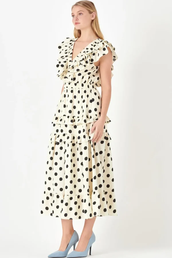 ENGLISH FACTORY Tops*- Polka Dot Print Ruffle Detail Maxi Dress IVORY/BLACK