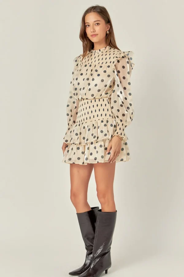 ENGLISH FACTORY Tops*- Polka Dot Mini Dress BEIGE/BLACK